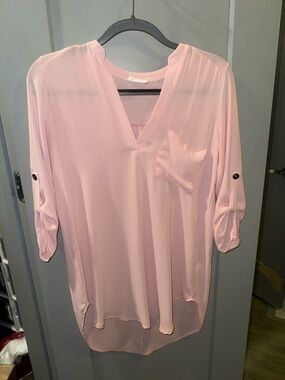 LUSH Light Pink V-Neck Roll-Sleeve Blouse